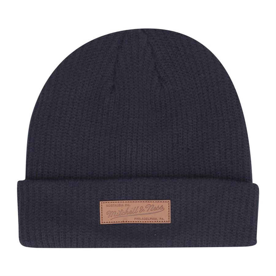 Mitchell & Ness Beanie Knit Leather Patch Campus navy