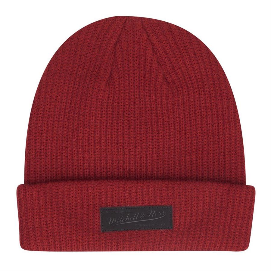 Mitchell & Ness Beanie Knit Leather Patch Campus rot